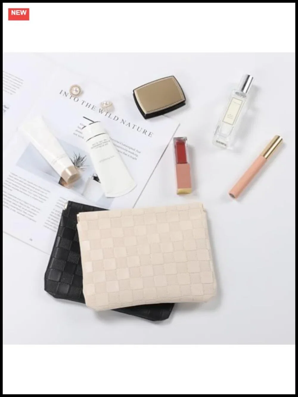 2PCS PU Leather Cosmetic Pouch Makeup Bag Checkered Travel Organizer